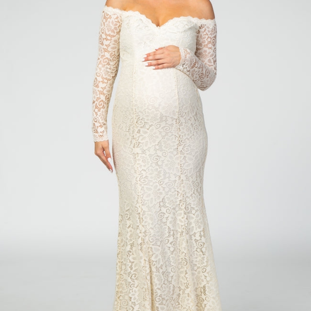 PinkBlush Beige Lace OffShoulder Long Sleeve Maternity Photoshoot or Bridal Gown - Picture 3 of 10